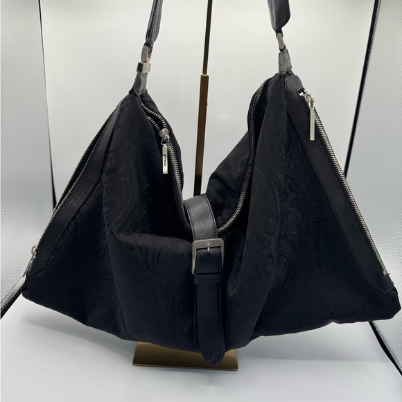 ETRO Monogram Shoulder Bag Hobo Crescent Moon Black Canvas Leather Trim - Picture 1 of 12